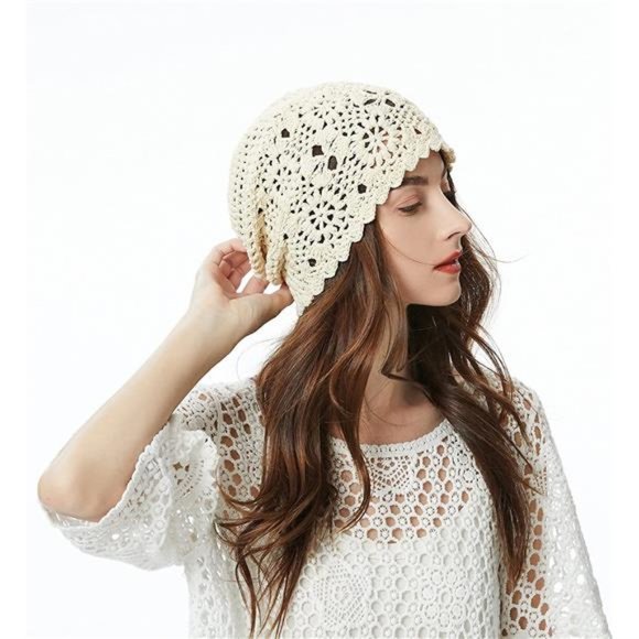Women Cotton Crochet Beanie Hat CuteKnit Cutout Summer Floral Skull Cap - Picture 3 of 7